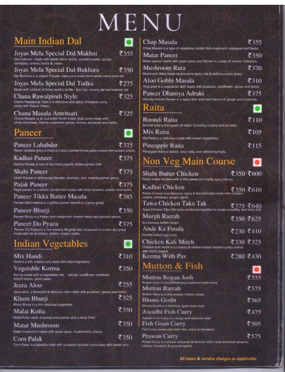 Joyas Mela Family Restaurant menu 