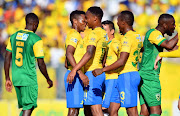 Mamelodi Sundowns forward Sibusiso Vilakazi celebrates with his teammates after scoring the opening goal in a 2-0 win over Lamontville Golden Arrows to advance to the semifals of the MTN8 at Lucas Moripe Stadium on Saturday August 11, 2018 in Pretoria, South Africa. 
