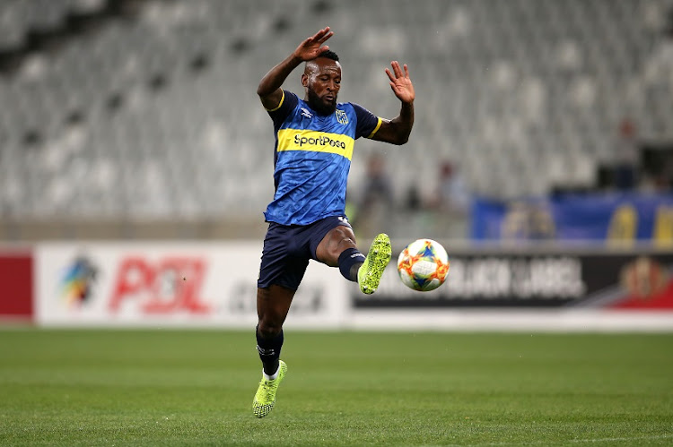 Mpho Makola of Cape Town City attempts to control the ball during the Absa Premiership match between Cape Town City FC and Maritzburg United at Cape Town Stadium on October 25, 2019 in Cape Town, South Africa.