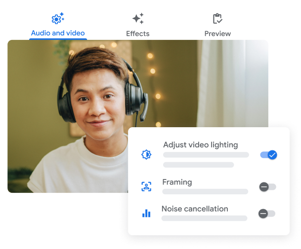 Google Meet UI showing video lighting, framing, and noise cancelling features.