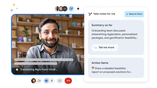 Gemini for Workspace translates and summarizes a call on Meet