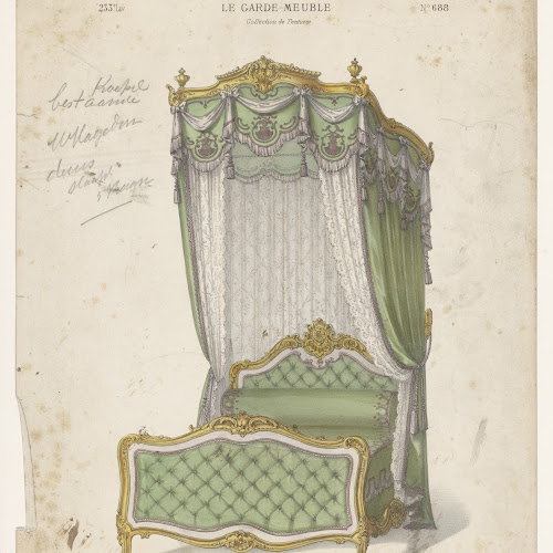 Blaast op module Plunderen Bed met baldakijn, Midart, after Désiré Guilmard, c. 1860 - c. 1880 -  Rijksmuseum