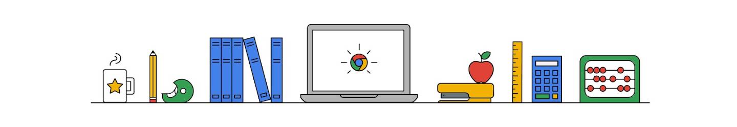 Bookshelf illustration of a Chromebook with other school objects like a ruler, calculator, pencil, teacher's mug, tape, books, apple, stapler, and an abacus.
