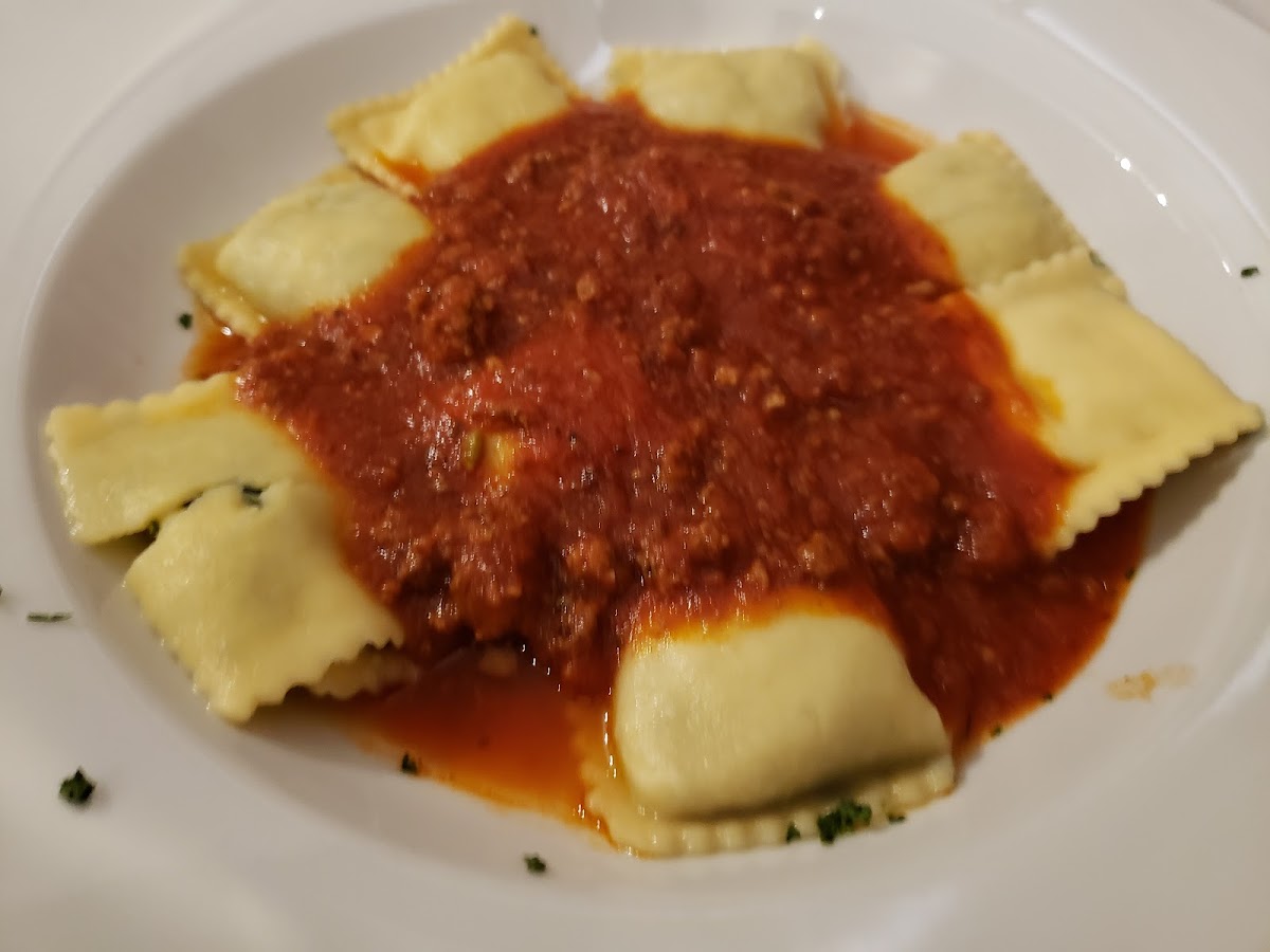 GF spinach ravioli with meat sauce