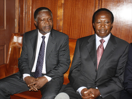 Chris Okemo and Samuel Gichuru at the high court for the hearing of their extradition case to the jersey.