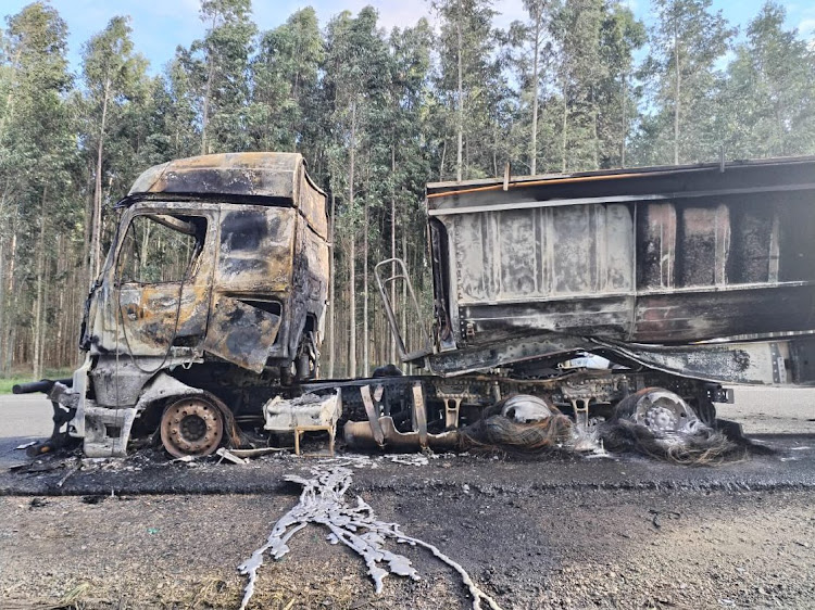 A truck torched on the N2 in Kwa-Zulu Natal.