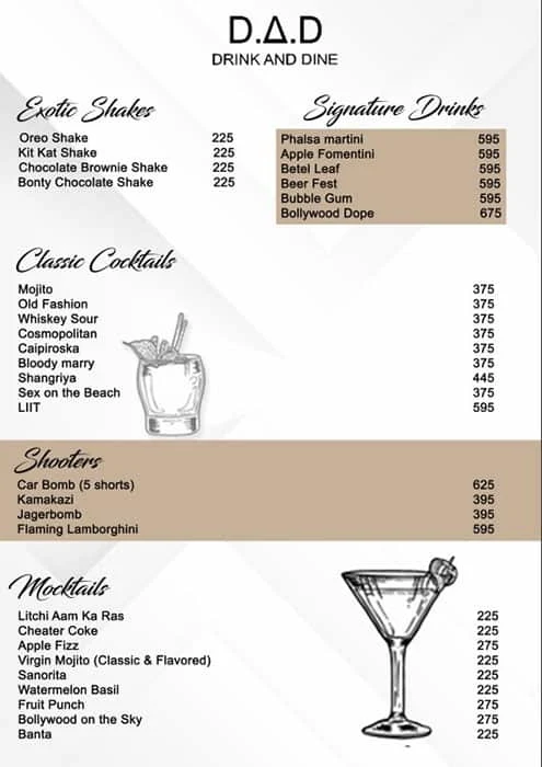 DAD - Drink And Dine menu 