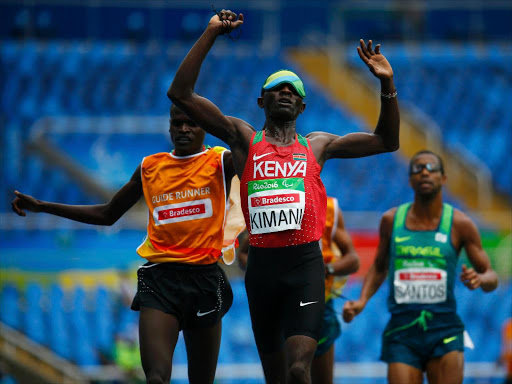 Samuel Mushai Kimani of Kenya celebrates after winning the men’s 5000m T11 final in Rio in 2016