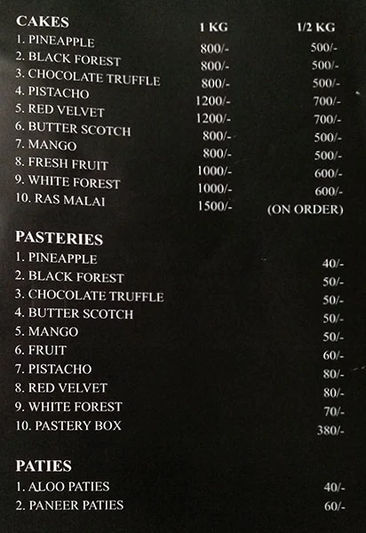 Pari Bakers menu 