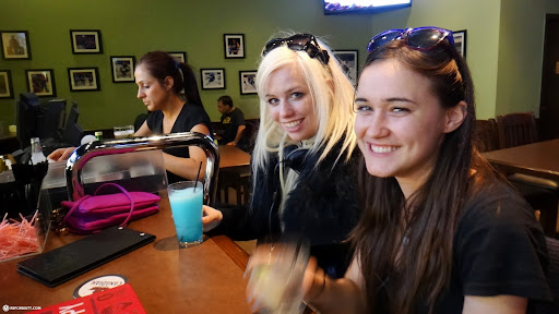 my anime north 2013 crew  - KEELY & MARIE - exhausted at boston pizza in Toronto, Canada 