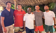 Pitso Mosimane with Springbok players Willie le Roux, Franco Mostert, Jesse Kriel and Malcolm Marx.