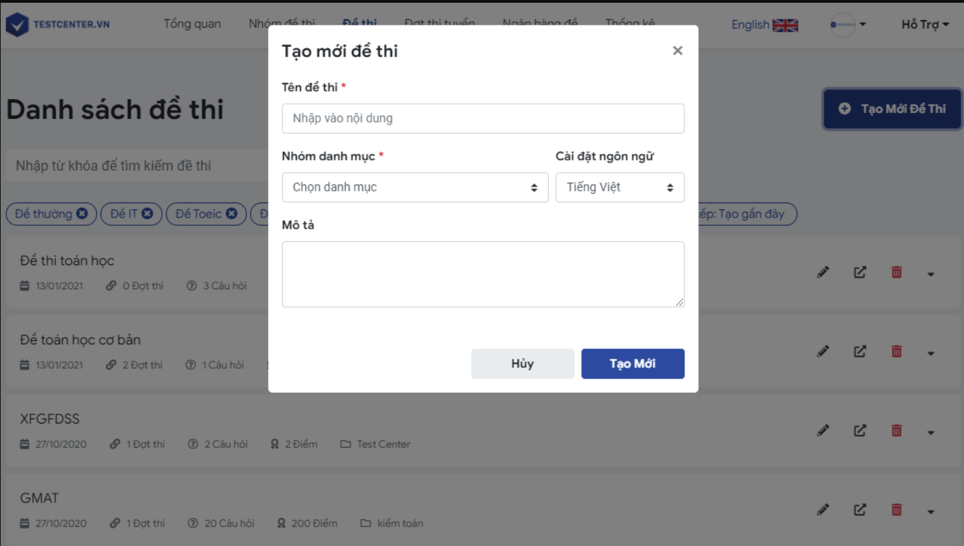 Cách tạo đề thi trắc nghiệm tiếng anh online tại Testcenter