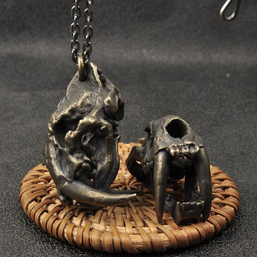 Title 1, Vintage Brass Saber-toothed Cat Skull Pendant N...