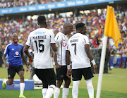 Gabadinho Mhango of Orlando Pirates celebrates goal with teammates during the 2019 Telkom Knockout quarter final match between Kaizer Chiefs and Orlando Pirates at Moses Mabhida Stadium, Pietermaritzburg, on 2 November 2019.