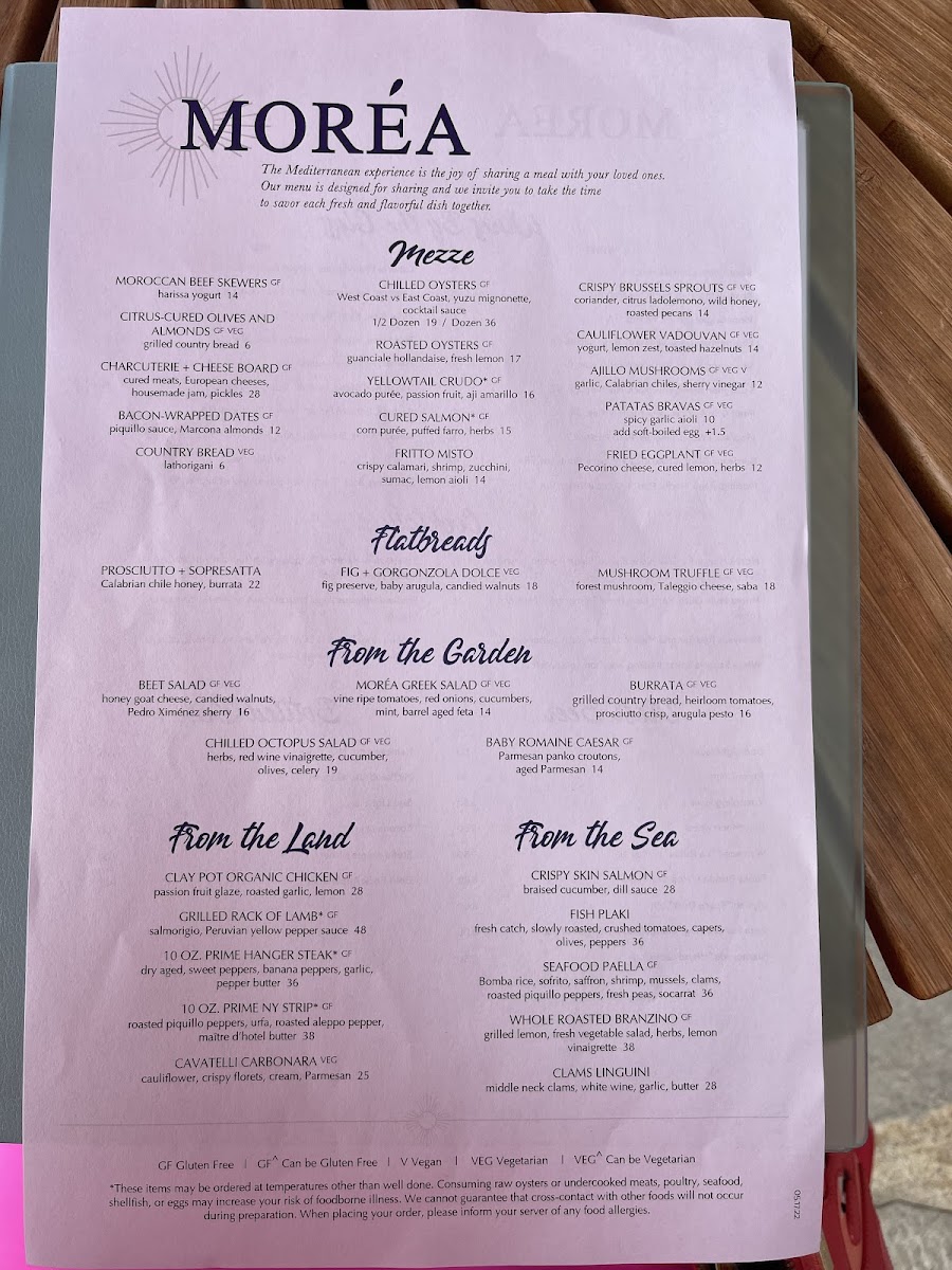 MORÉA gluten-free menu