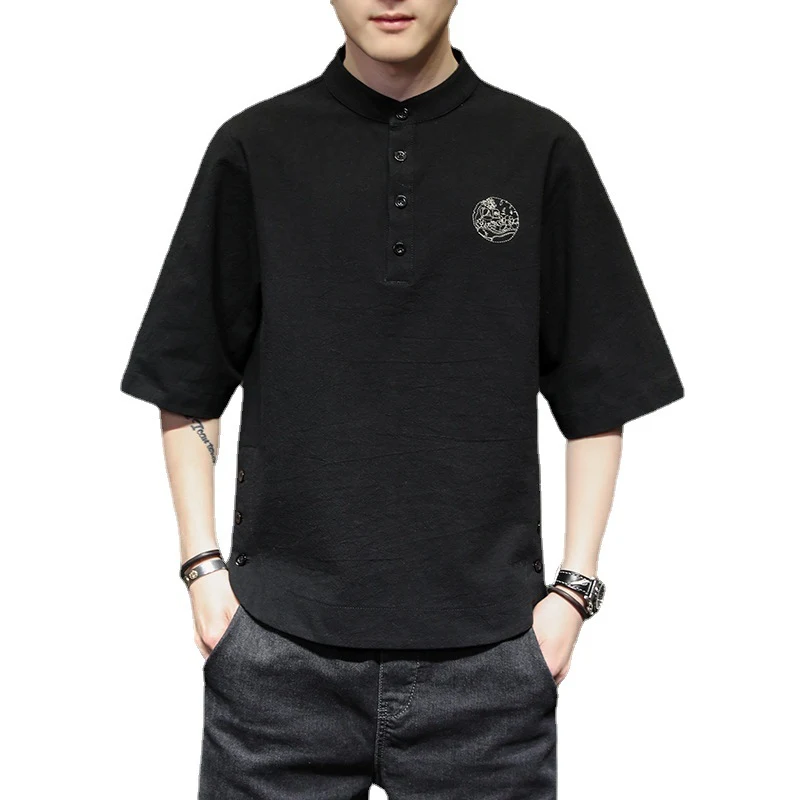 Linen Solid Color Casual Embroidered Short-Sleeved T-shirt