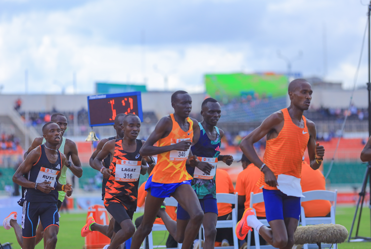 Male athletes competing during the Absa Kip Keino Classic sponsored by Absa Bank, at the Nyayo National Stadium on April 20, 2024.