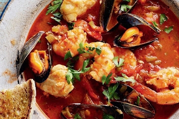 Monkfish, Mussel and Prawn Stew with Char-grilled Sourdough (Cioppino)