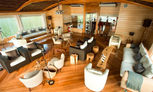 The lounge on Delfin II, which sails the upper Amazon River. 