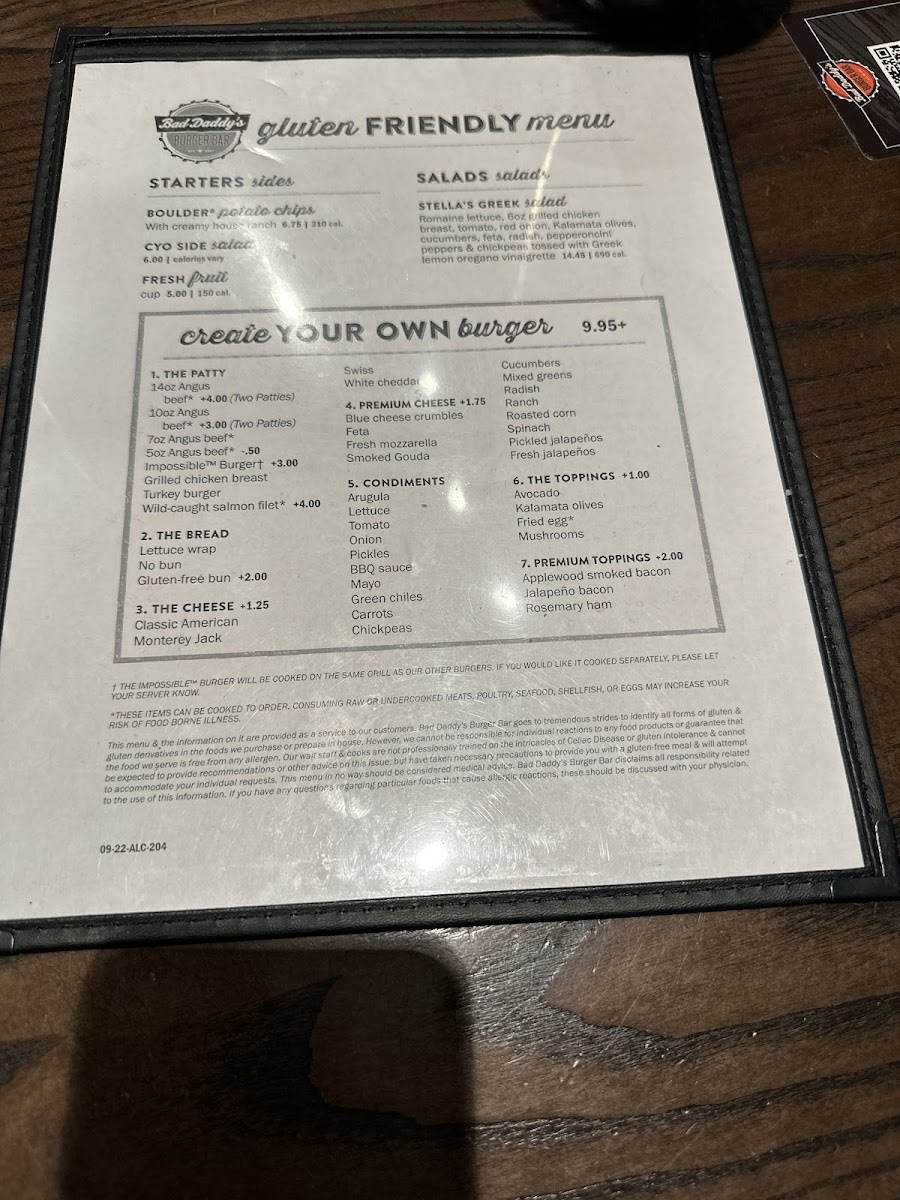 Bad Daddy's Burger Bar gluten-free menu