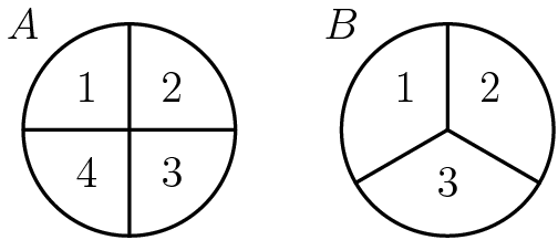 [asy] pair A=(0,0); pair B=(3,0); draw(Circle(A,1)); draw(Circle(B,1));  draw((-1,0)--(1,0)); draw((0,1)--(0,-1)); draw((3,0)--(3,1)); draw((3+sqrt(3)/2,-.5)--(3,0)); draw((3,0)--(3-sqrt(3)/2,-.5));   label("$A$",(-1,1)); label("$B$",(2,1));  label("$1$",(-.4,.4)); label("$2$",(.4,.4)); label("$3$",(.4,-.4)); label("$4$",(-.4,-.4)); label("$1$",(2.6,.4)); label("$2$",(3.4,.4)); label("$3$",(3,-.5));  [/asy]