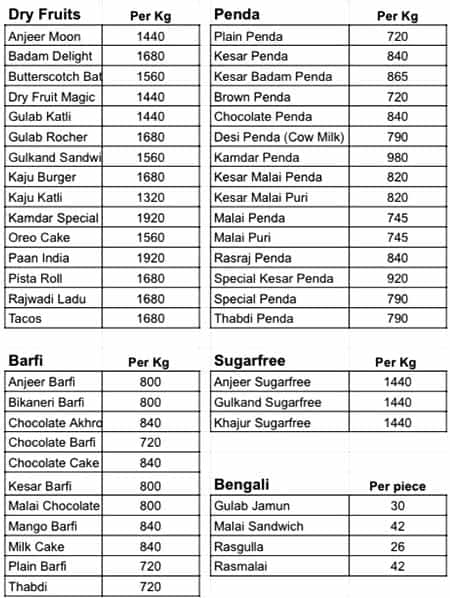 Kamdar Sweets menu 