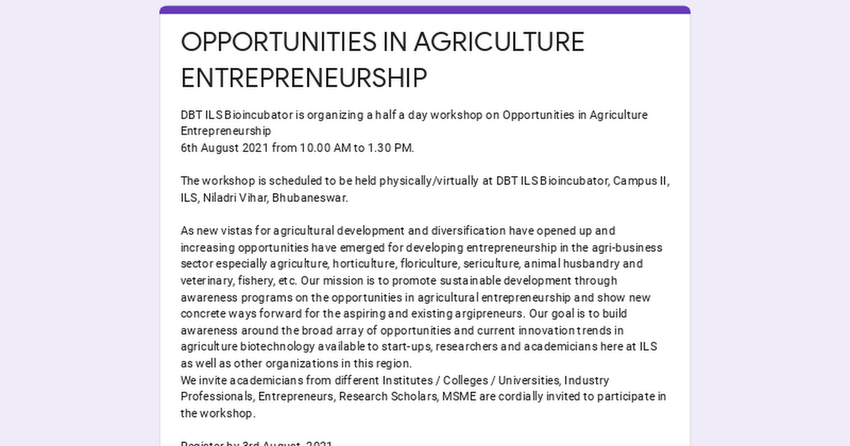 OPPORTUNITIES IN AGRICULTURE ENTREPRENEURSHIP