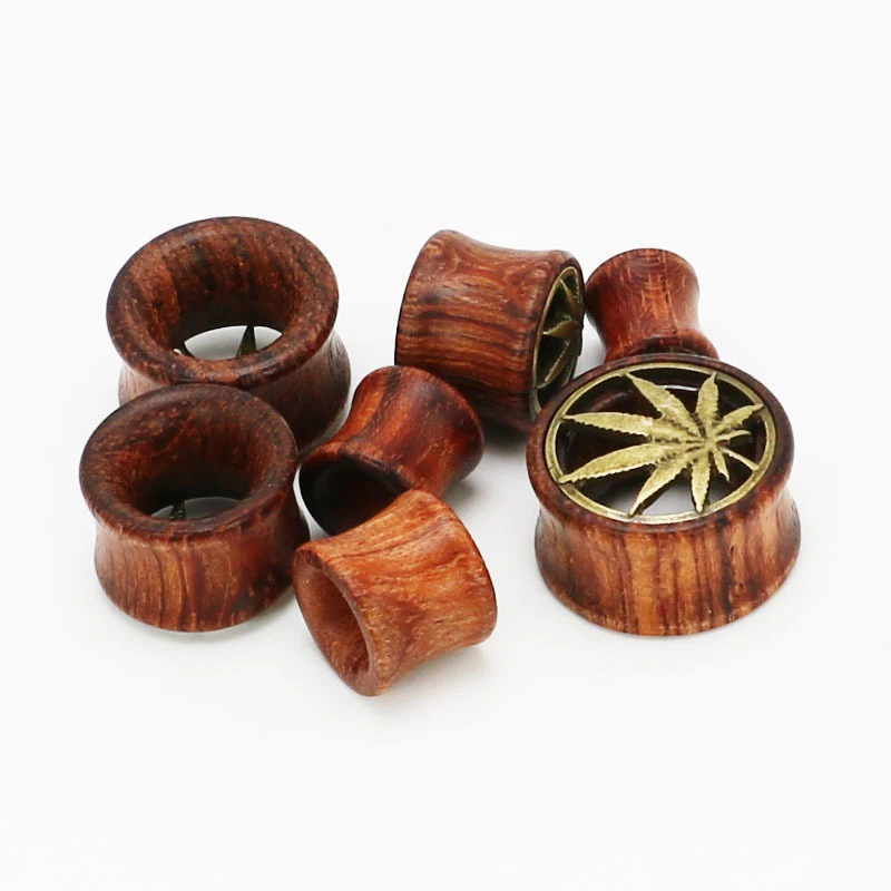 Offre spéciale Amplificateur auriculaire en bois creux, piercing feuille de chanvre, haut-parleur double face, bijoux d'oreille.