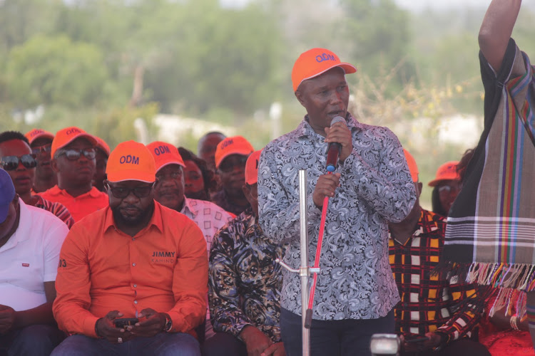 Ganze MP Teddy Mwambire addressing Bamba residents during an Azimio rally in Bamba on Friday 19th Feb