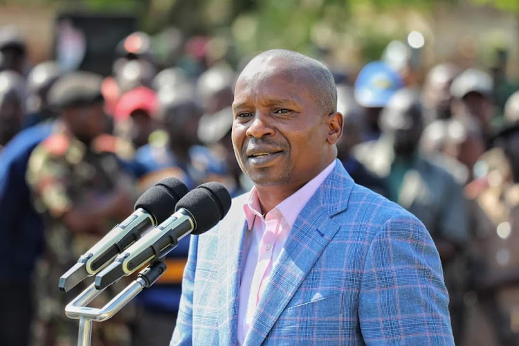 Interior Cabinet Secretary Kithure Kindiki address a public baraza at Sondu market on the border of Kericho and Kisumu counties on Saturday.