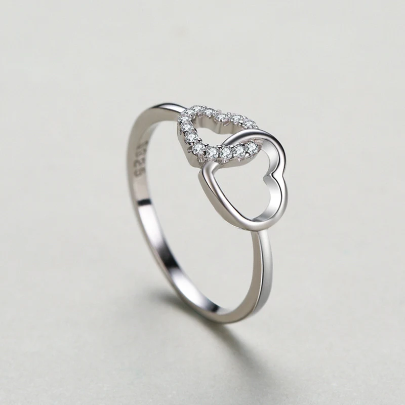 Anel feminino em prata esterlina S925 com duplo coração, estilo japonês e coreano simples, elegante e delicado.