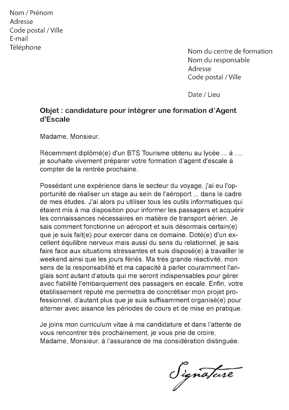 Lettre de motivation Formation Agent d'Escale - Modèle de 