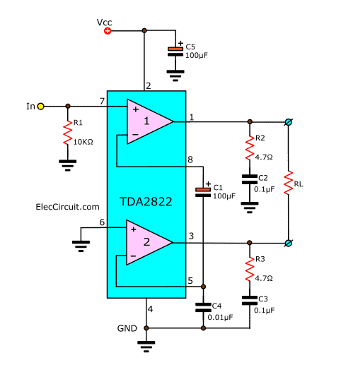 Tda2822 Mono Amplifier Circuit - The Bridge Of Tda2822 - Tda2822 Mono Amplifier Circuit