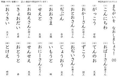 ことばの間違い探し 時空先生の漢字マラソンプリント