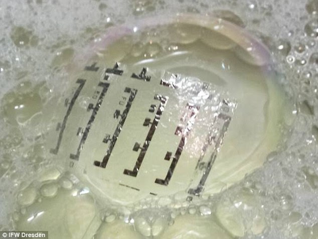 These novel magneto-electronics are less than two micrometers thick and weights only three gram per square meter; they can even float on a soap bubble.