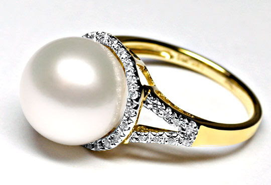 Originalfoto RIESEN ROSE SÜDSEE-PERLEN DIAMANTENRING GELBGOLD