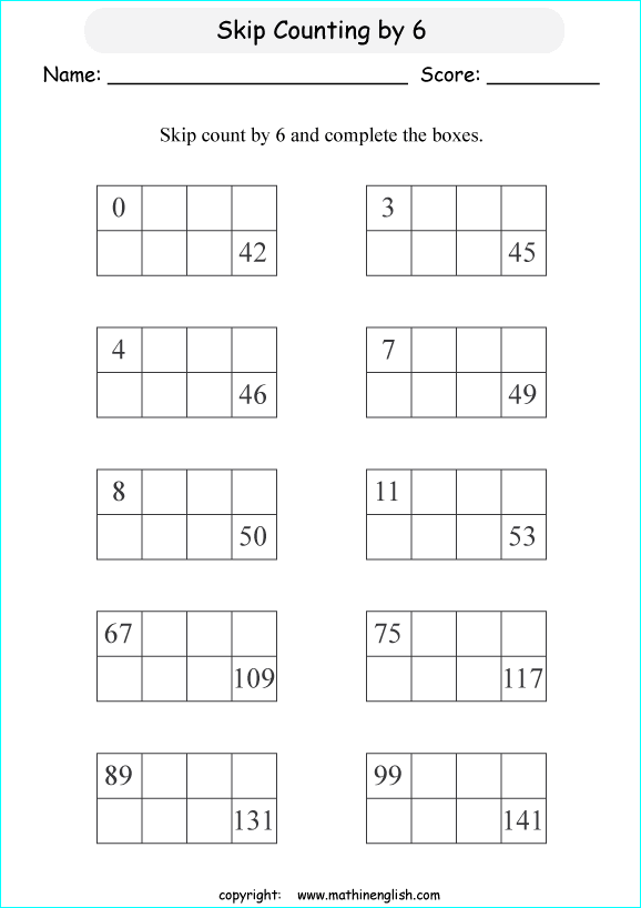 Skip count by 6 math addition and numeracy worksheet for grade 1 and 2 ...