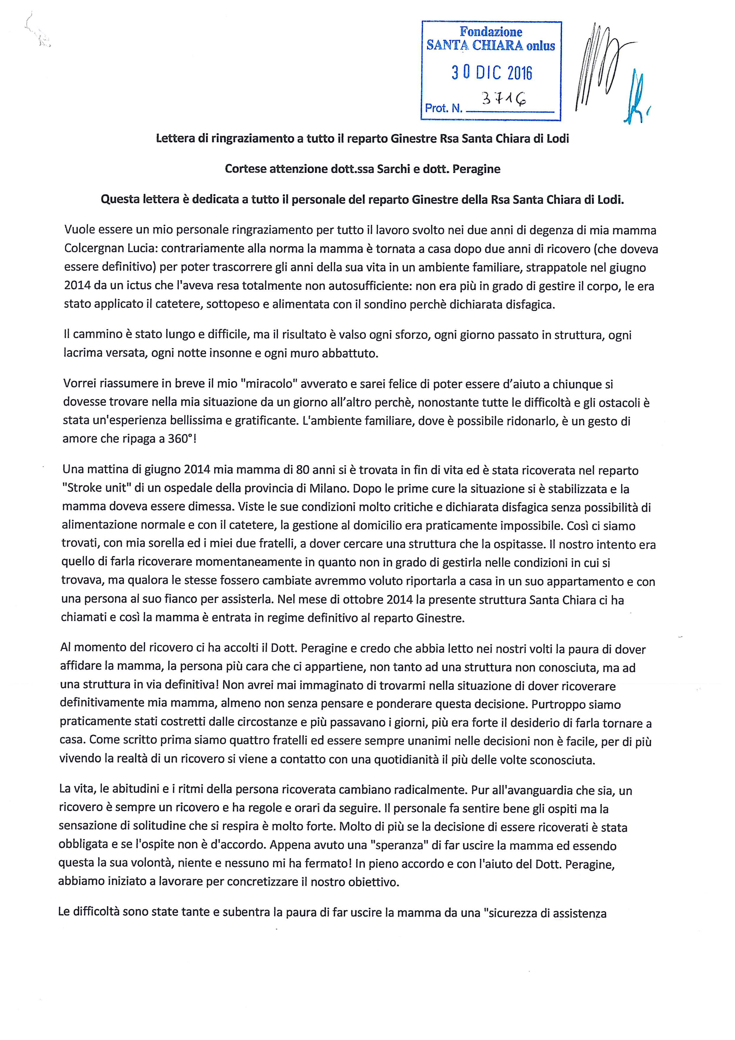 RINGRAZIAMENTO – Fondazione Santa Chiara Lodi