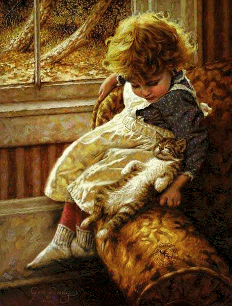 Fillette veillant sur son chaton endormi...