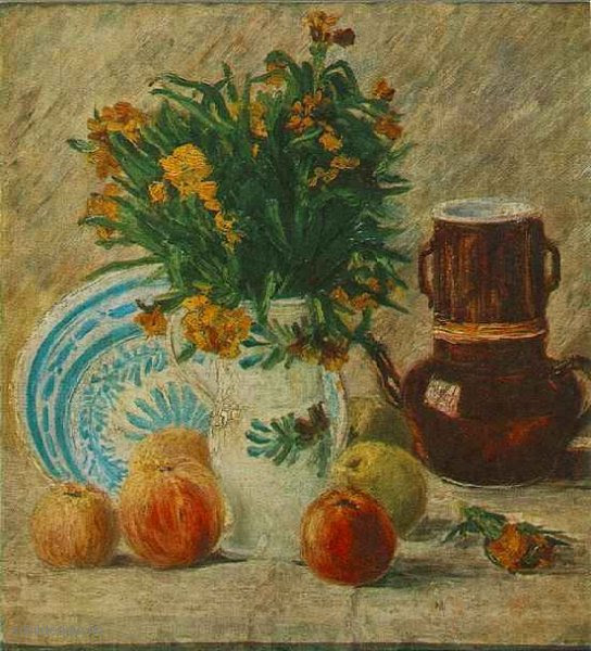 Schilderij afbeelding Koffiepot en Fruit Vaas met bloemen - Vincent van Gogh  schilderijen