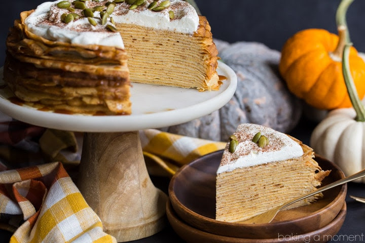 Pumpkin Crepe Cake: layer upon layer of lacy crepes, filled with a fluffy, cinnamon-spiced pumpkin pastry cream. The salted caramel and pepita garnish took this completely over-the-top! Definitely making this again for Thanksgiving. 
