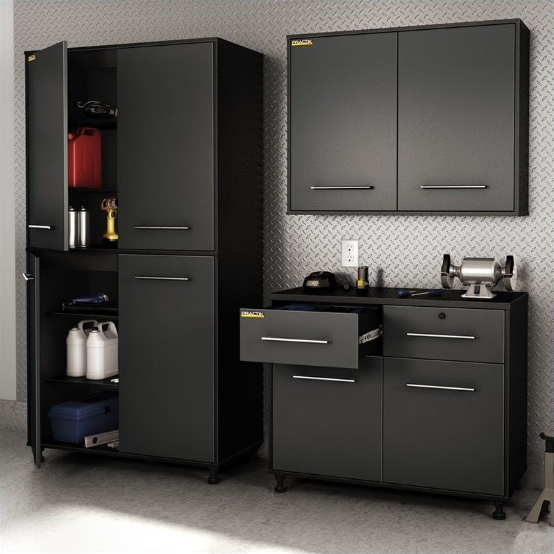 South Shore Karbon 3 Piece Wall Storage Unit in Pure Black and Charcoal