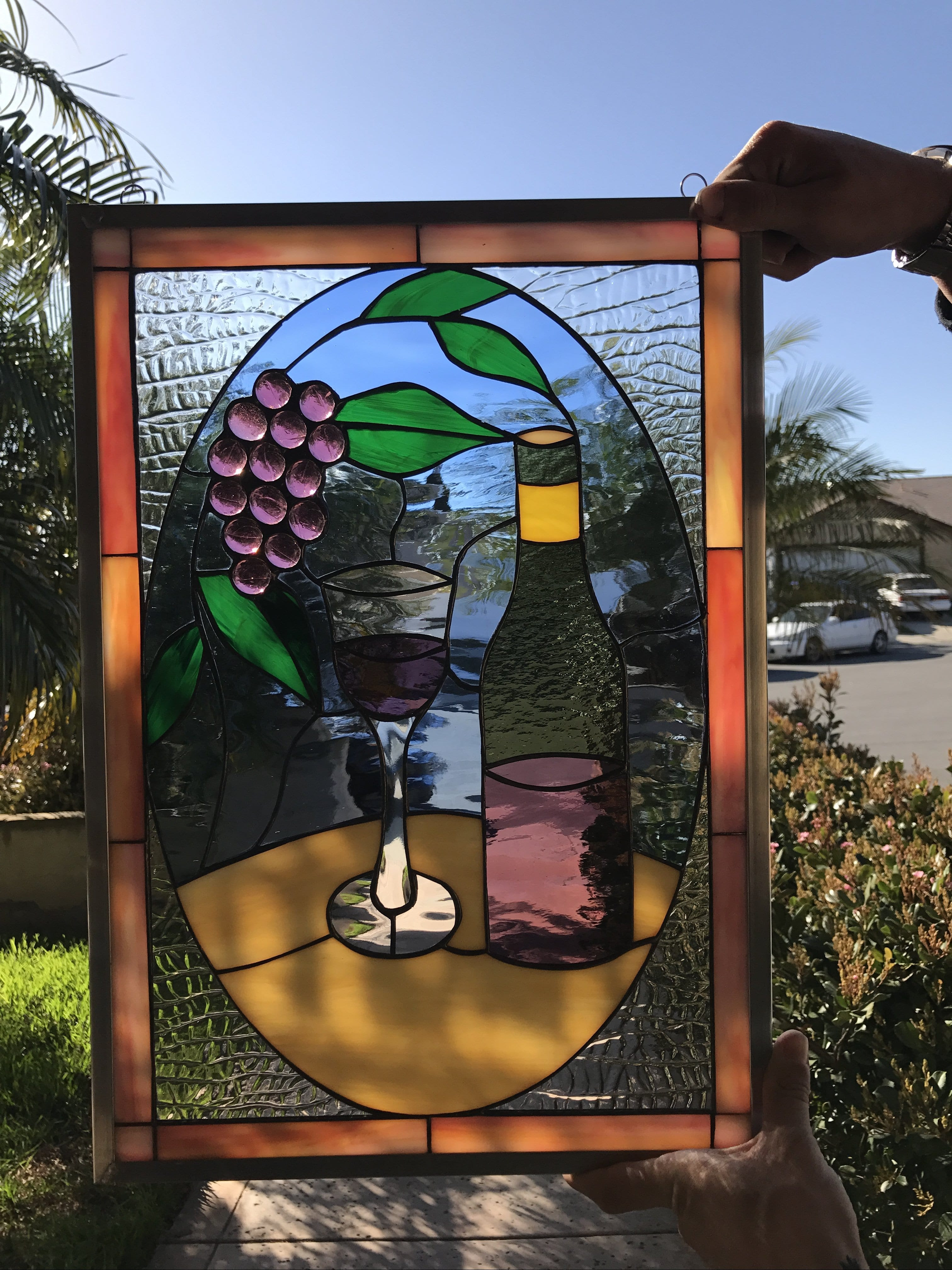 Lovely Stained Glass Wine Bottle & Jeweled Grapes (Also available