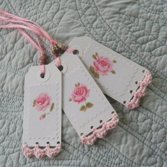 Paper tags with crochet edging...I'm thinking pillowcase edging for those who haven't mastered yarn. Cut and Paste to card stock.
