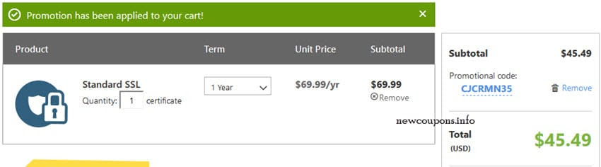 GoDaddy ssl coupon November 2016 - Save 35% ($45.49/yr)