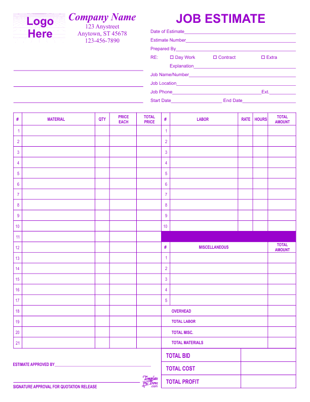 Work Estimate Free Estimate Template