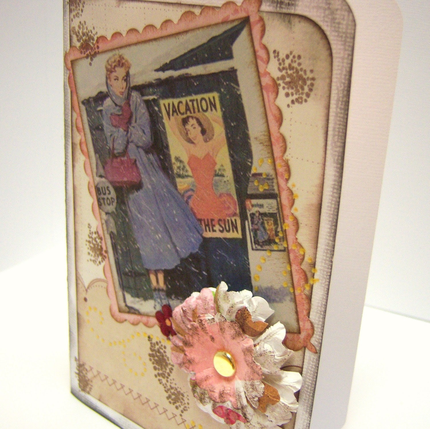 SALE Retro Winter Blank Card Vacation 3D Pink Cream White