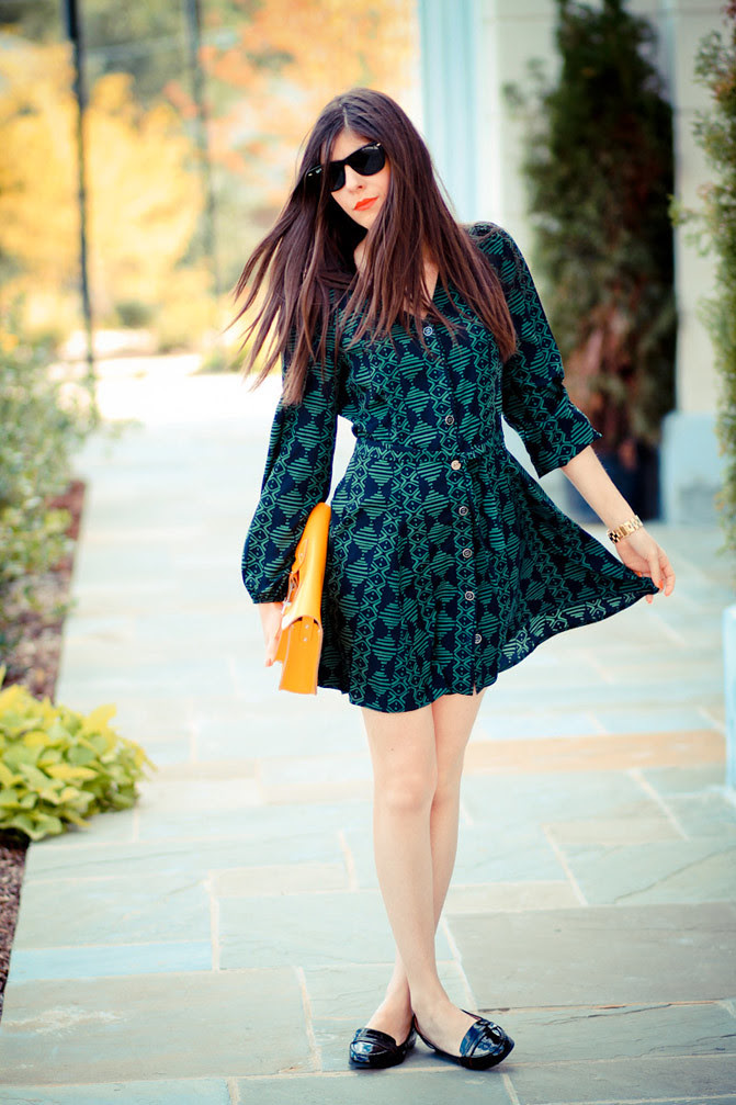 Everly emerald dress, patent penny loafers, Zooey Deschanel fashion outfit