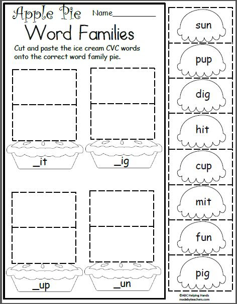  free kindergarten worksheets for language arts word families made