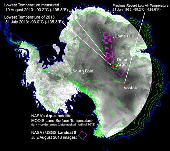 Dimanakah tempat terdingin di dunia ?, tepatnya di dataran tinggi Antartik Timur, dome (kubah) Argus dan dome (kubah) Fuji,  Kutub Selatan, seperti pada gambar foto diatas. sumber : science.nasa.gov